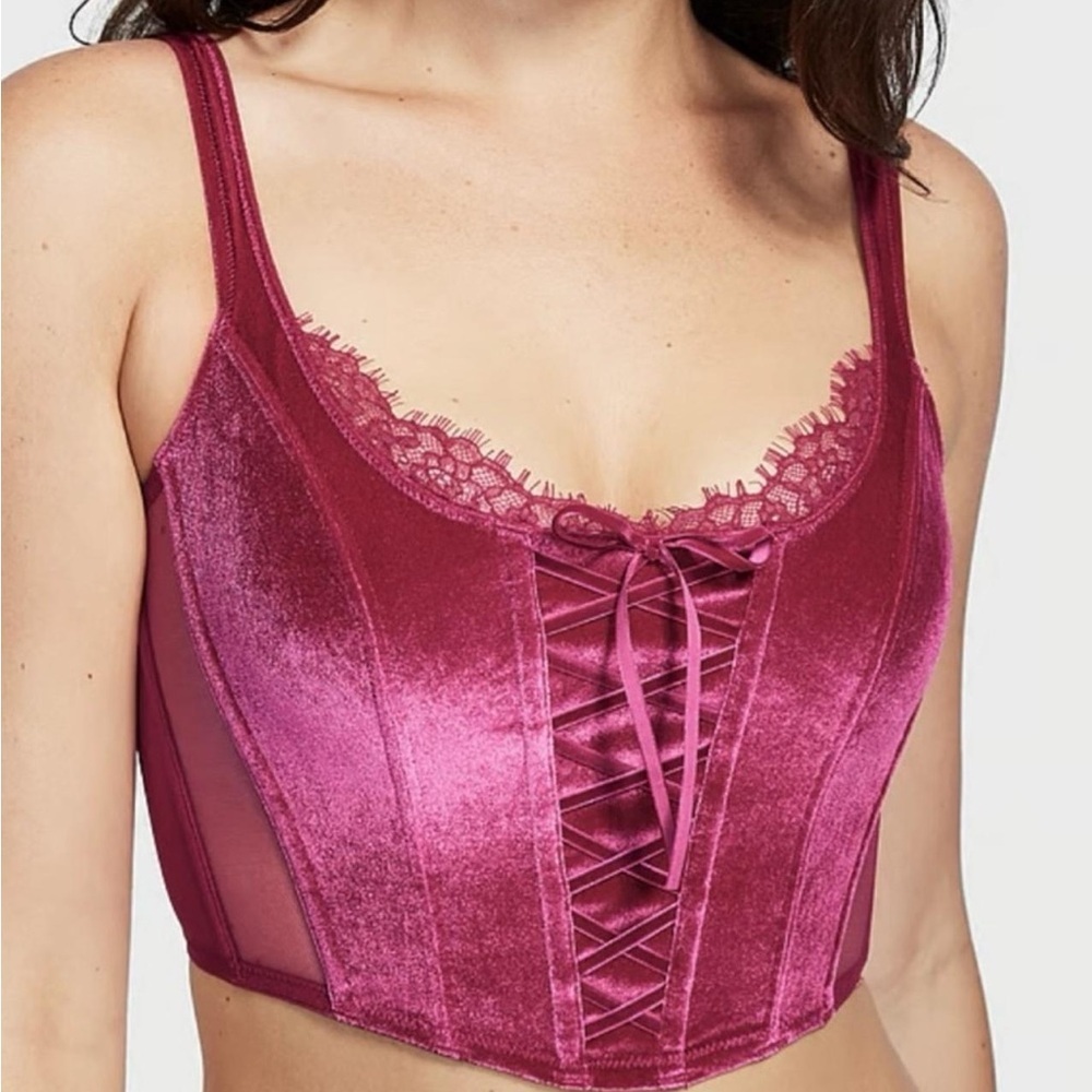 Victoria’s Secret Pink Corset Top Velvet Mesh Adjustable Bra Bow Womens Size S